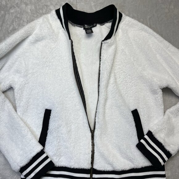 Retro varsity bomber jacket‎ by Miss Chievous, fluffy bright white fuzzy fleece - Picture 3 of 8